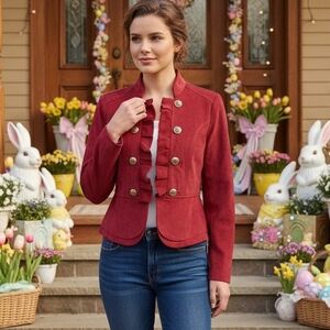 NWOT Kate Rosy Red‑Orange Military‑Style Velvety Textured Jacket – Size PS